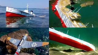 Cardboard ship sinking, destroyer and cargo ship models attacked by Stuka dive bombers and sank