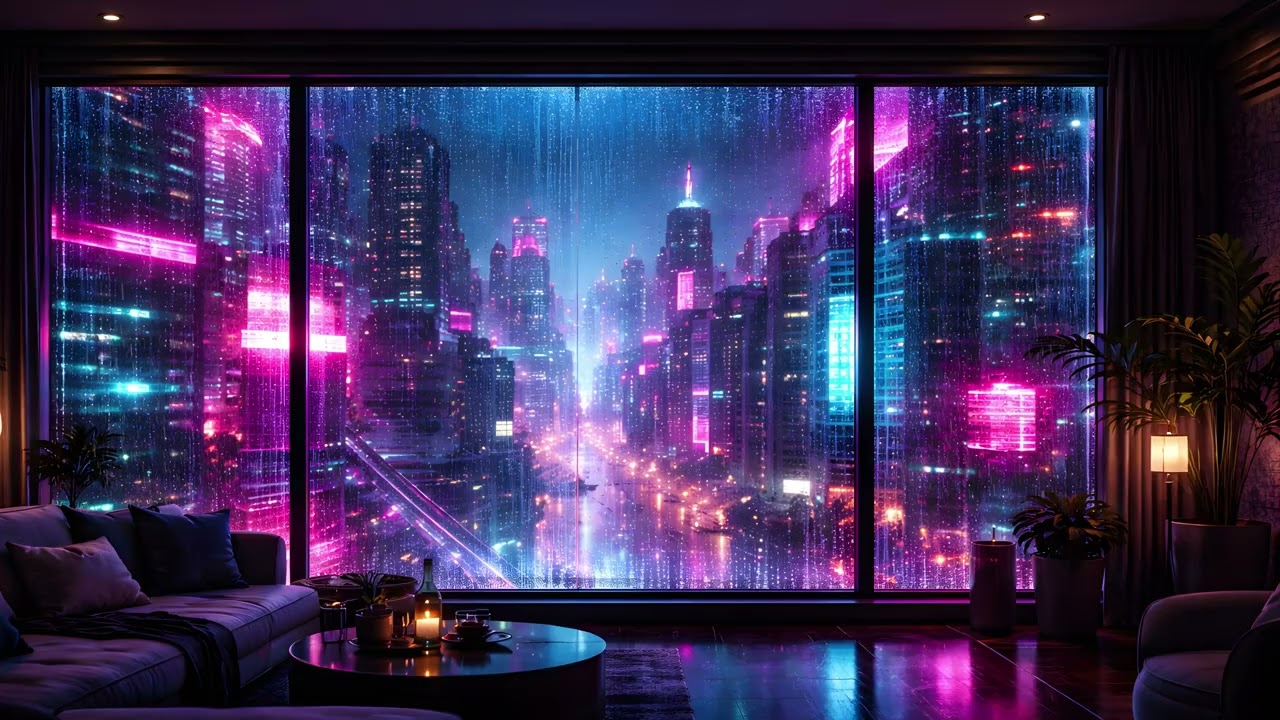 4K NEON RAIN – Cyberpunk Gallery View / Modern Neon Art Frame