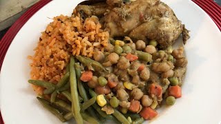 "Delicious African Feast: Diepiri's Jollof Rice, Curry Chicken, and Veggie Mix!"