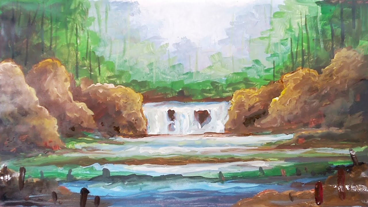 Cara melukis pemandangan alam || Menggambar pemandangan air terjun
