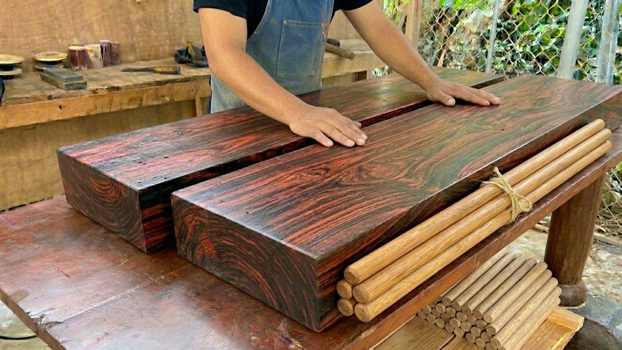 Unique and Artistic Interior Design Project Using Round Wooden Bars and Hand-Drawn Craft Techniques