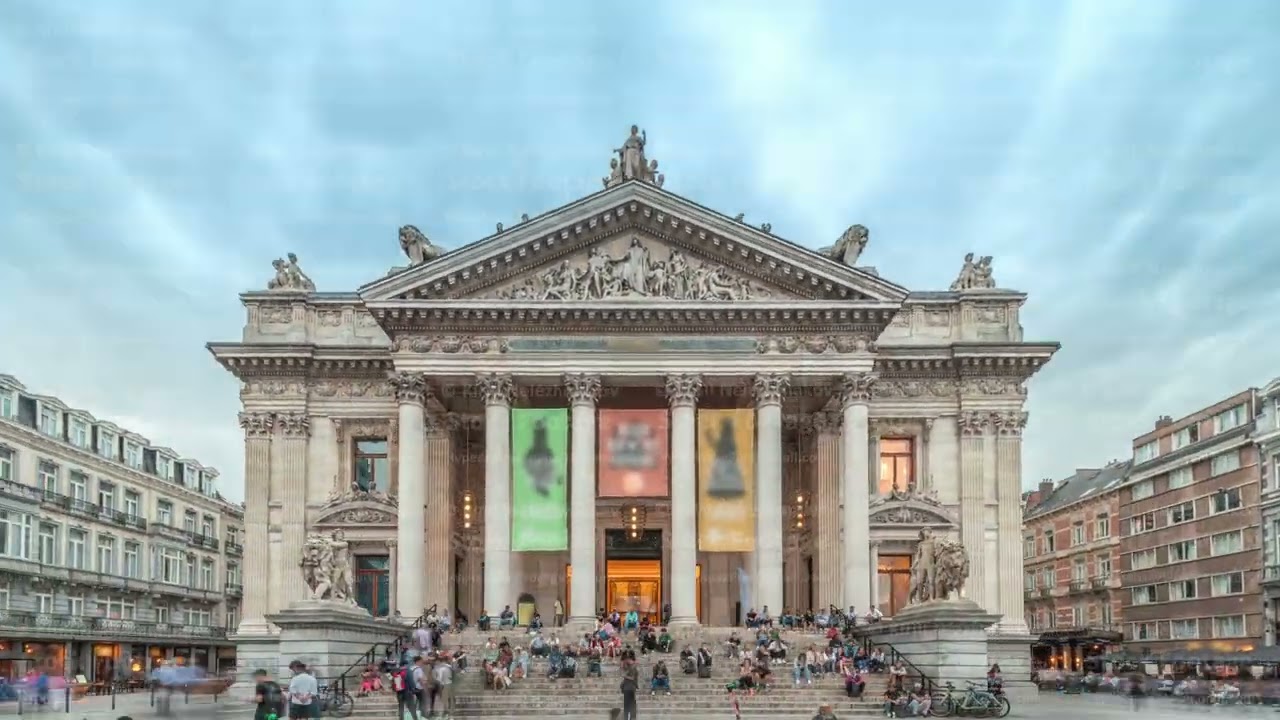 Hyperlapse of the Brussels Stock Exchange facade near Grand Place. Belgium
