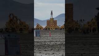 The Burning Man Effigy on rainy playa. Rainy Man on Burning Man