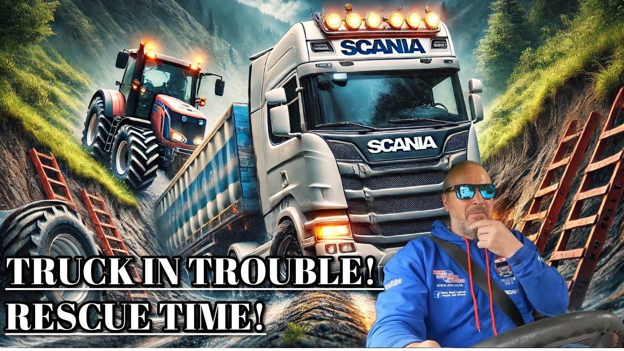 "Tight Spot! Scania Truck Stuck – Tractors to the Rescue!" 