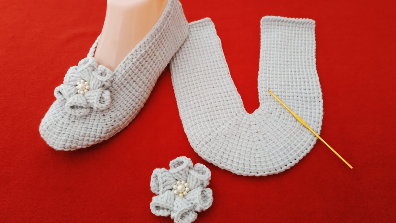 سليبر حذاء بغرزة الكروشيه التونسي بدون كروشيه تونسي/slipper tunisian crochet