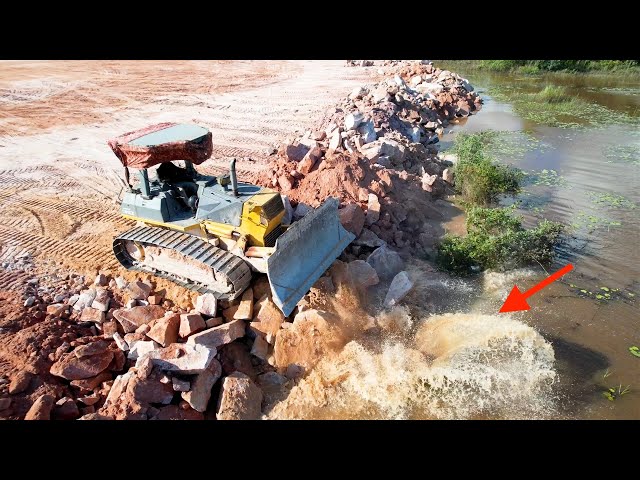 The Best Operator Bulldozer Pushing Rock Stone Drop Into Water, Massive Land Reclamation Processing class=