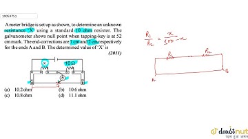 A meter bridge is set up as shown, to determine an unknown resistance `X` using a