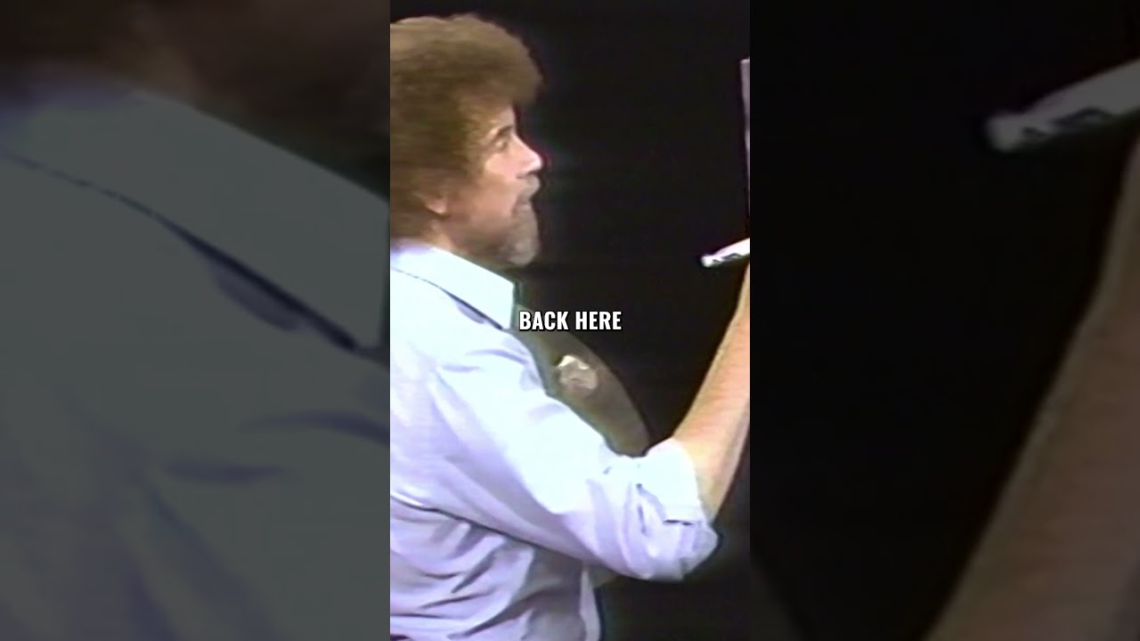 Bob Ross uses the round brush to add happy little trees to this painting #bobross #paintingtutorial