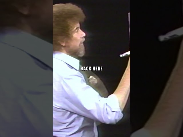 Bob Ross uses the round brush to add happy little trees to this painting #bobross #paintingtutorial