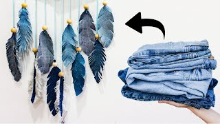 How to make Denim Feather Wall Hanging - Old Jeans Craft - Wall Decor