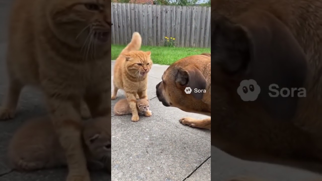 Angry Mama Cat Protects Her Kitten from Dog Attack!