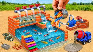 Mini Tractor Builds a Brick Aquarium with an Automatic Water Pump System