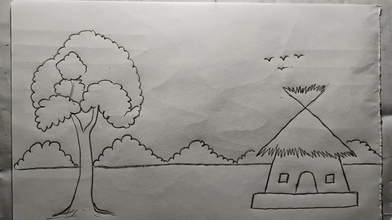 how to draw simple scenery Esley| scenery drawing | hut dwar - YouTube