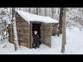 Building Log Cabin By Hand - 9 Days Winter Camping with 3 yr Old in Primitive Bushcraft Shelter
