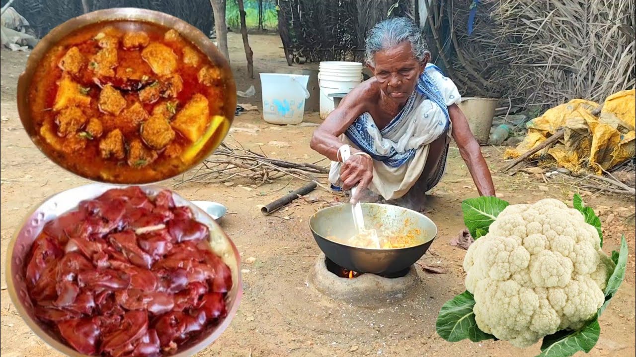 105 years old poor grandma cooking LIVER with CAULIFLOWER curry and eating || typical life of india