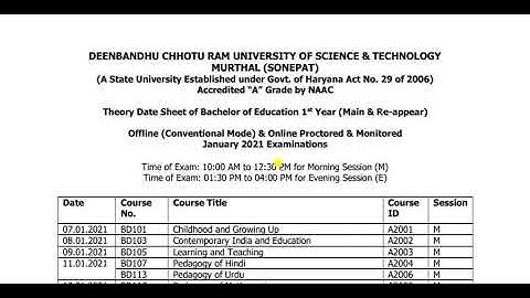 DCRUST B.Ed. 1st year (Main and Re-appear) & 2nd year {Re-appear} Datesheet 2020/2021