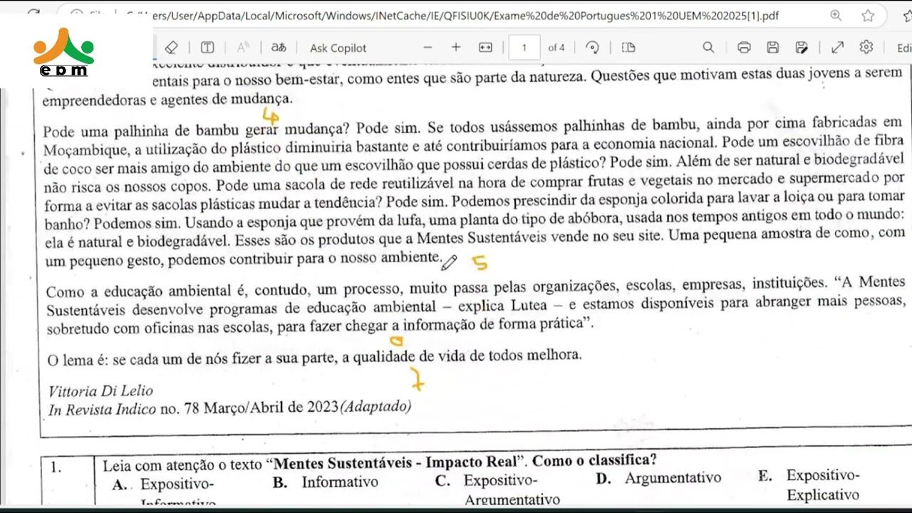 A EPM Apresenta: Resolução do Exame de Português1, UEM-2025