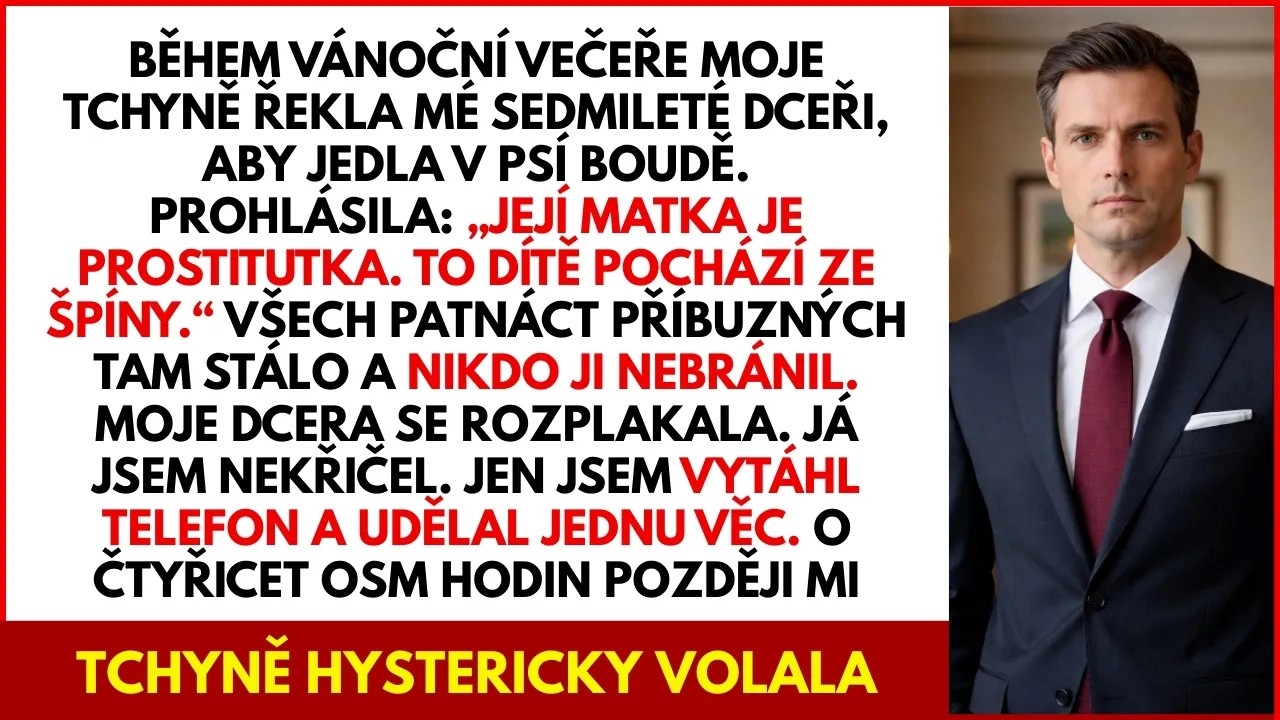 Na vánočním obědě u tchyně jsem sledoval, jak moje sedmiletá dcera sedí vedle mě a snaží se nebrečet. Moje tchyně, chicagská filantropka, se k nám otočila a před patnácti členy rodiny řekla: „Dítě...