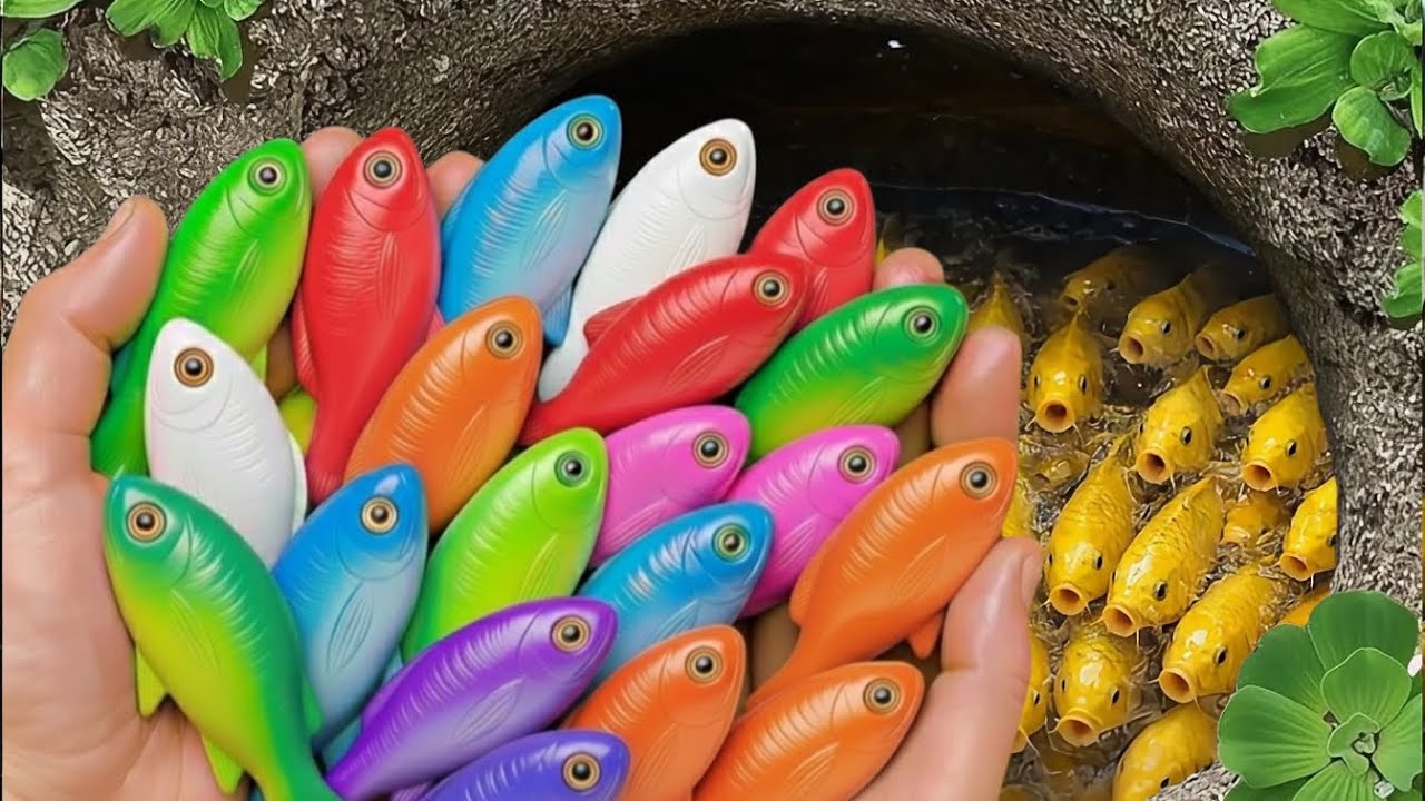 Поймайте красивых аквариумных рыбок в небольшом пруду: маленьких черепашек, карпов кои, гуппи, бо...