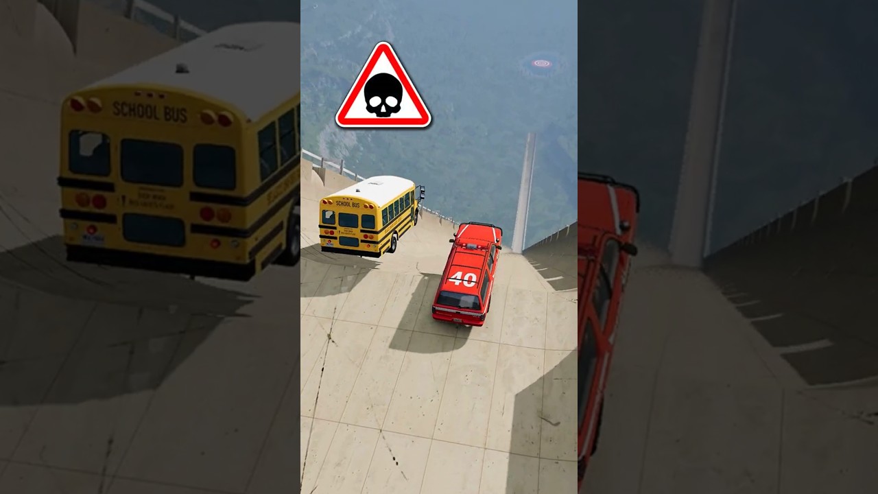 SCHOOL BUS VS FIRE TRUCK  🔥 LONG JUMP CHALLENGE | Mega Ramp | Extreme Car Stunts Crashing Game Video