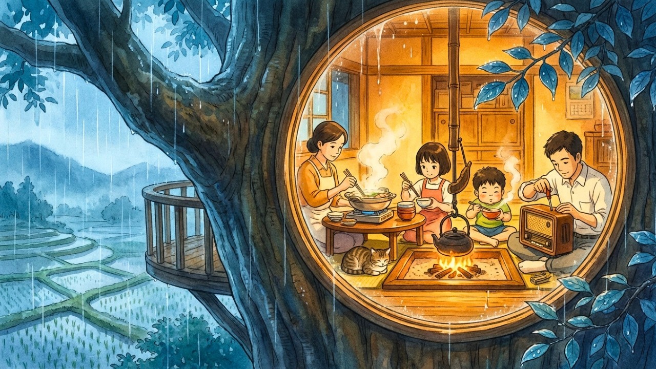 Rainy Treehouse Life: Cozy Nabe Dinner & Radio Repair with a Family of Four | Ghibli-Style ASMR