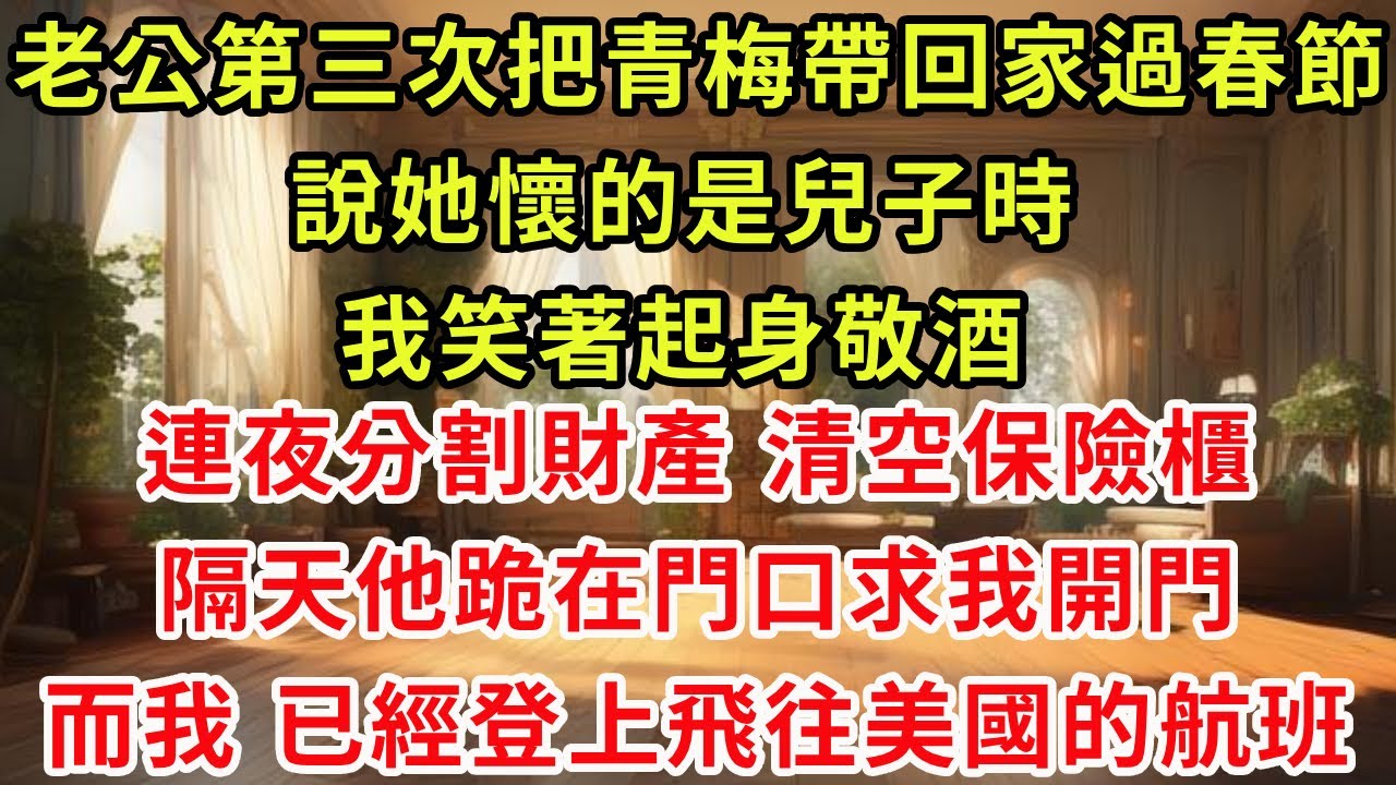 老公第三次把青梅帶回家過春節，說她懷的是兒子時，我笑著起身敬酒，連夜分割財產、清空保險櫃。隔天他跪在門口求我開門。而我，已經登上飛往美國的航班