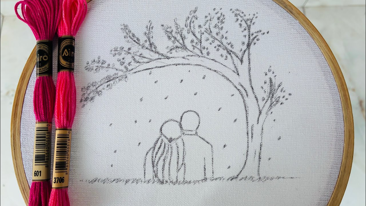 VERY EASY COUPLE UNDER CHERRY BLOSSOM HAND EMBROIDERY DESIGN FOR BEGINNERS 