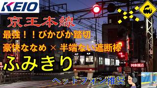 【踏切】最強ぴかぴか踏切!京王本線 豪快なななめ踏切と半端ない遮断棒｜The Shiniest &Powerful Railway Crossing｜Keio Line Tokyo Japan