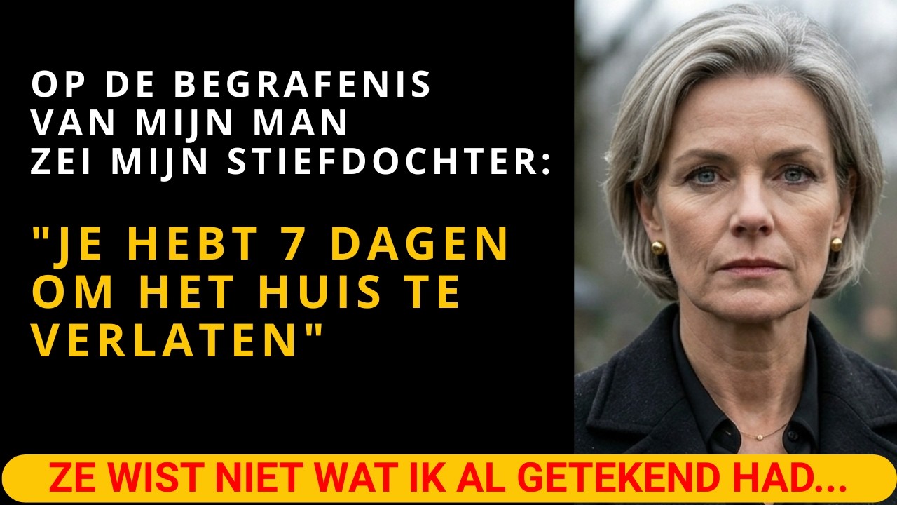 Ik stond naast het graf van mijn man, de tranen stonden nog in mijn ogen, toen zijn eigen dochter zich naar me toe boog en fluisterde: "Je hebt een week om je rotzooi uit dat landhuis te halen....