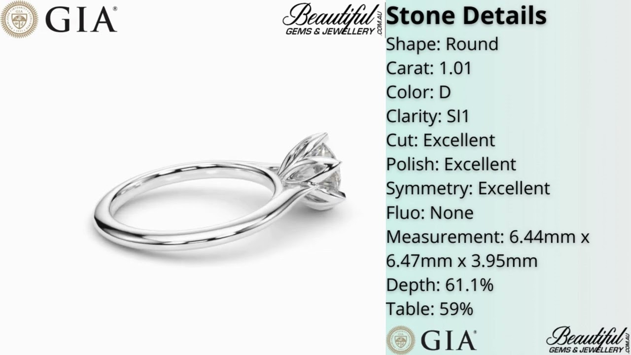 D-Colour 1 Carat Round Solitiaire Natural Diamond Ring with Leaf Prongs