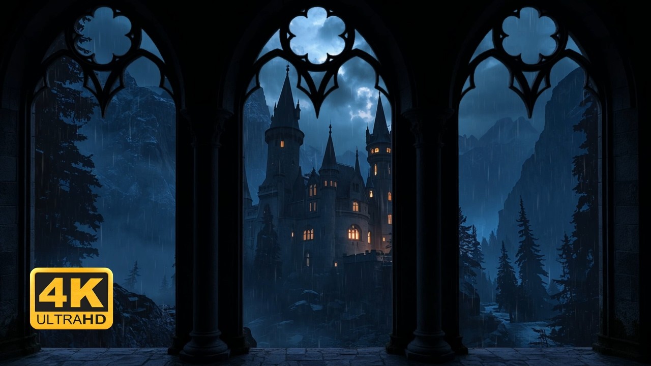 🌧️ Rainy Fantasy Castle Window View – Thunderstorm Ambience 4K For Study and Relaxation
