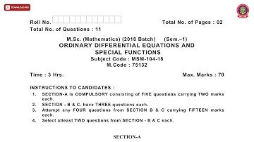 MSC 1ST SEM MATHEMATICS ORDINARY DIFFERENTIAL EQUATIONS AND SPECIAL FUNCTIONS DEC 2020 | PTU
