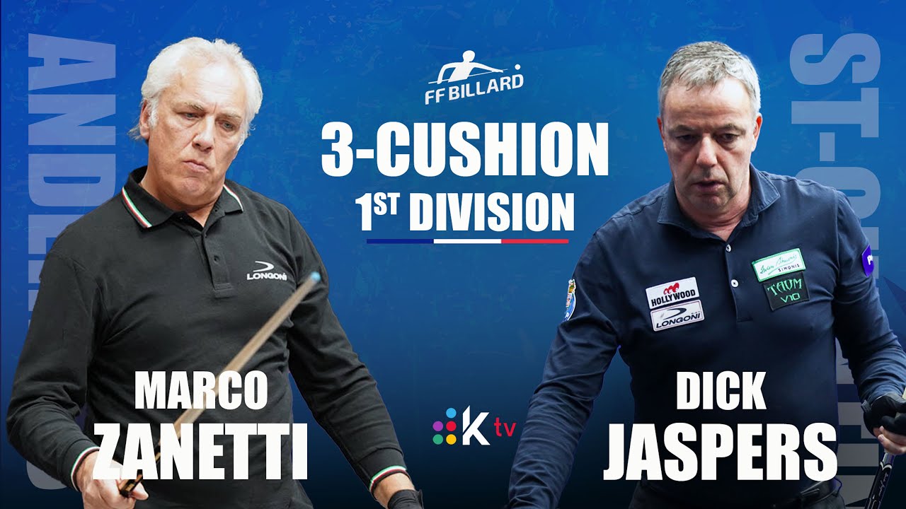 3-CUSHION French League - Marco ZANETTI (Andernos) vs Dick JASPERS (St-Quentin)