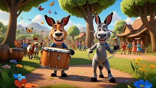 Three Dancing Donkeys Drum All Day | Funny Donkey Song for Kids | Nursery Rhymes and Learning Beats