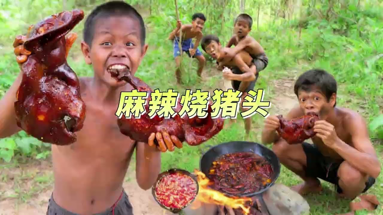 Children feasting on spicy braised pig's head outdoors... the scene