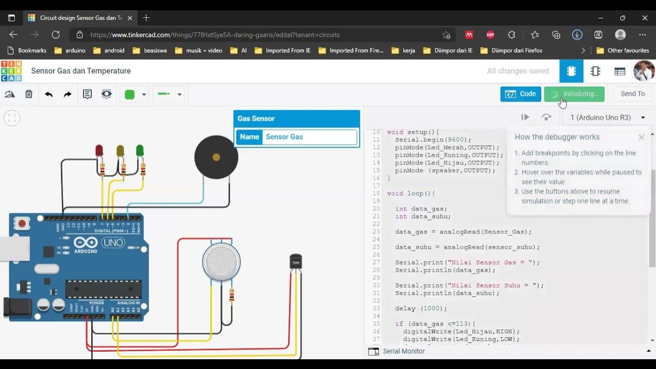 Gas Sensor and Temperature Sensor Arduino Tinkercad Simulation - YouTube