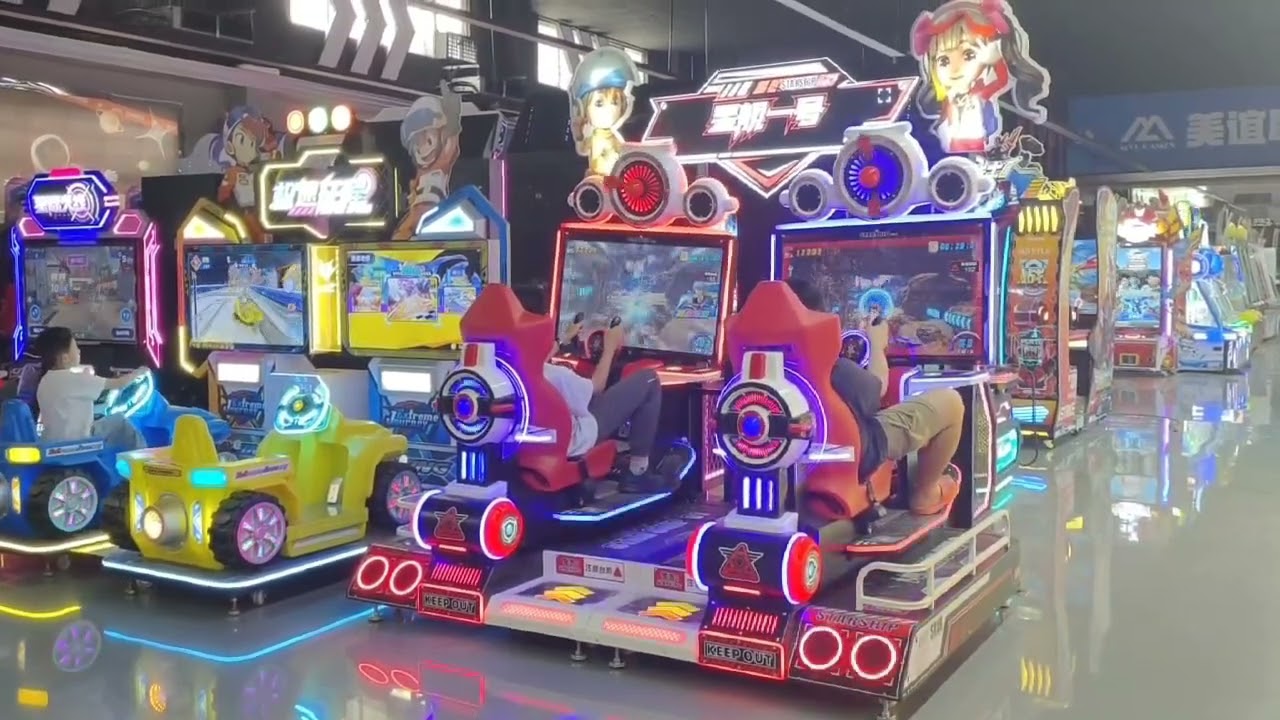 A high-end indoor flight simulation arcade machine with a bold aircraft-themed design