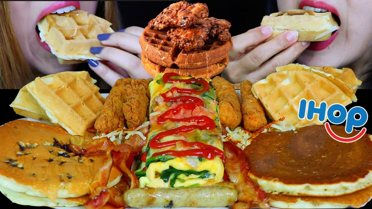 ASMR IHOP BREAKFAST FEAST! FRIED CHICKEN & WAFFLES, BIG PANCAKES, BACON, SAUSAGE, CHEESY OMLETTE 먹방