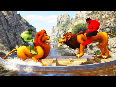 GTA 5 Water Ragdolls Green Hulk & Red Hulk vs Team Lion King Animals ...