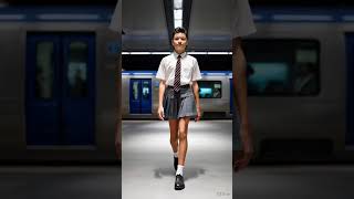 Young handsome boy tie aur skirt (school uniform style) pehne metro platform  #viral  #fashion
