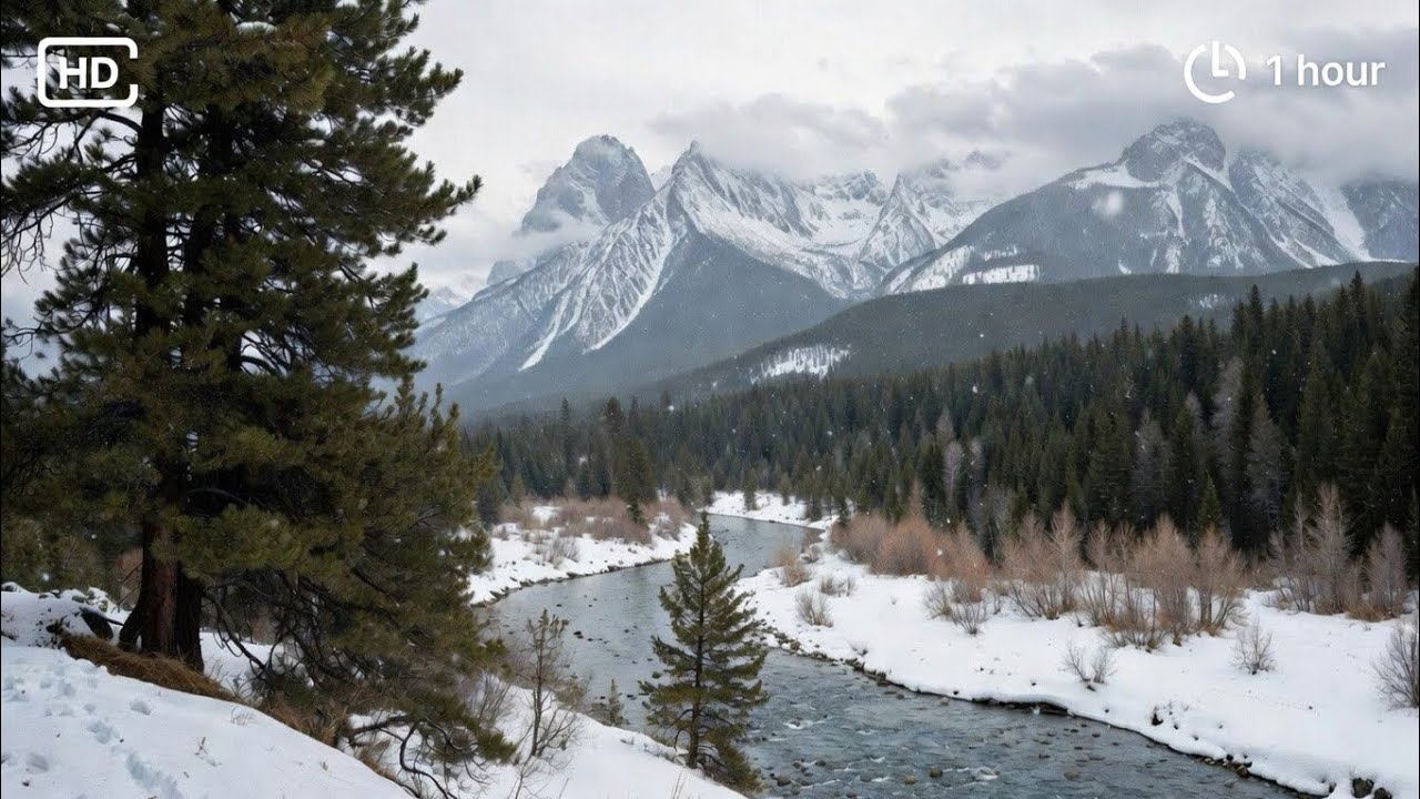 Serene Winter Mountains: Snow Falling on River & Pine Forest | 1 Hour Ambient Nature Sounds