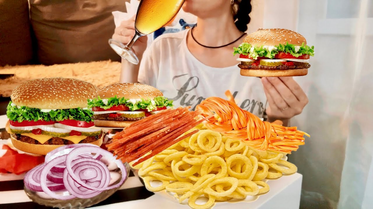 BURGER WHOPPERS + CHIPS + CHEESE + FISH + ONION + JUICE | MUKBANG NO TALKING | EATING SHOW | FOOD 