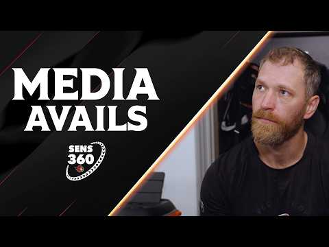 Claude Giroux, Jordan Spence, Cameron Crotty, Travis Green Pregame Media vs BOS