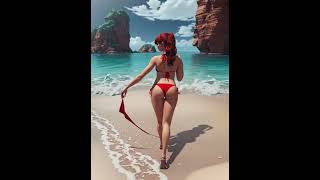 Woman in a red bikini walking on the beach
