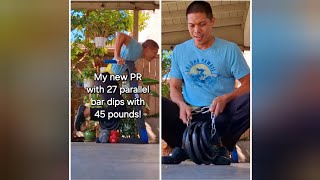 My new personal record with 27 parallel bar dips with 45 pounds added to me!