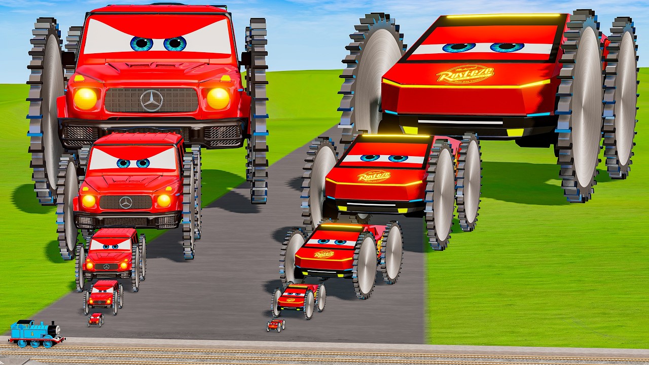 Big & Small Red Vizor Saw Wheels VS Big & Small Cybertruck McQueen Saw Wheels VS Train| BeamNG.drive