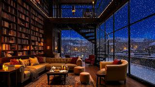 Cozy Winter Jazz at Bookstore Cafe Ambience ❄️ Warm Fireplace Sounds & Soft Snow for Study, Work screenshot 1