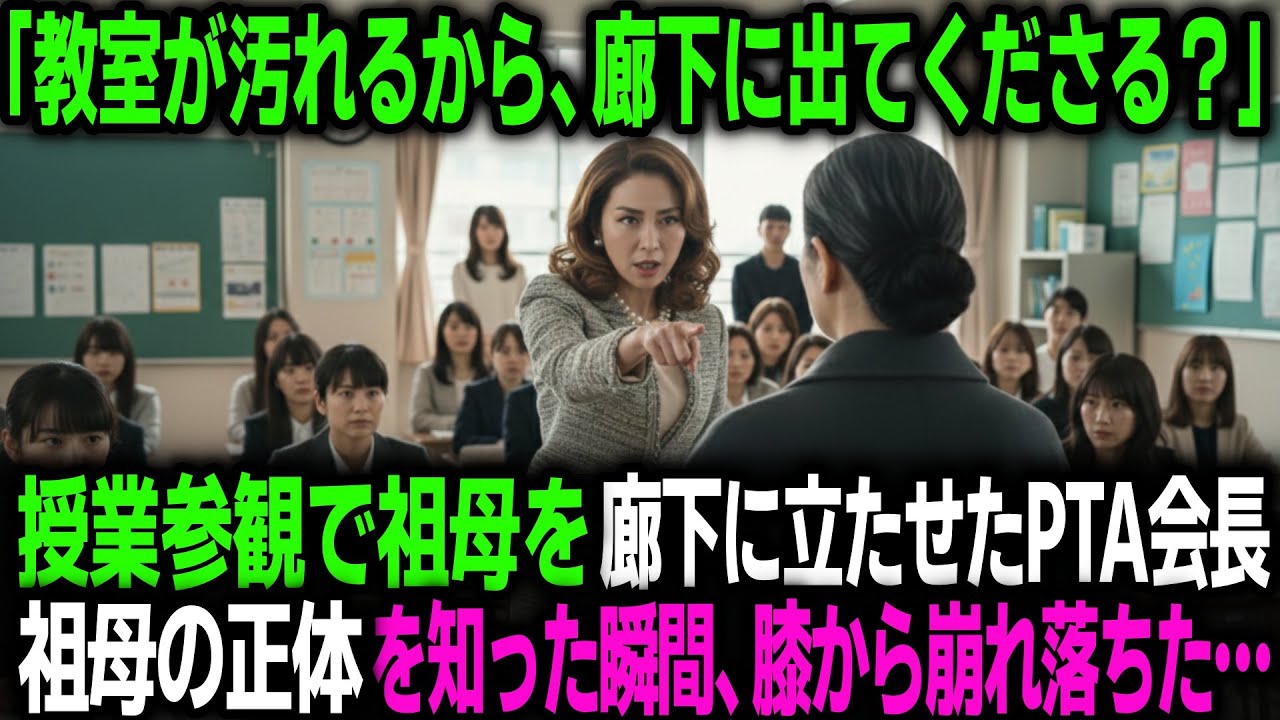 「教室が汚れるから、廊下に出てくださる？」孫の授業参観で祖母を床に立たせたPTA会長。祖母の正体を知り、膝から崩れ落ちた…