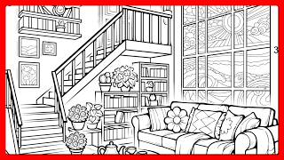 数字で色を塗る居心地の良いリビングルーム：ステンドグラスの窓、ティール色のソファ、本棚 #塗り絵 screenshot 5