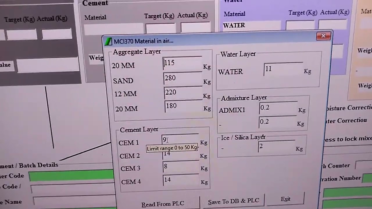 Batching plant M1 Tolerance setting mci370 (prs)